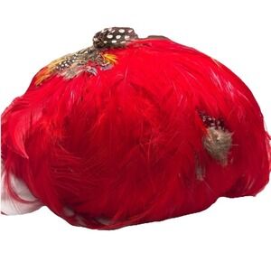 Jack McConnell Boutique Vintage Red Feather Pillbox Hat Multi Color Accent